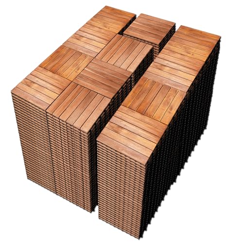 PrimeZone 432 PCS FSC Certified Acacia Wood Interlocking Patio Deck Tiles - 12" x 12" Indoor Outdoor Waterproof Flooring Tiles for Balcony, Backyard, Garden & Poolside, All Weather Use, Natural Wood