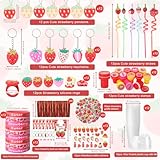 Landical 213 Pcs Strawberry Party Favors Includes Gift Cup Straws Bracelets Stickers Temporary Tattoos Keychain Rings Stampers Pendant Cards for Baby Shower Strawberry Theme 1st Birthday Decorations