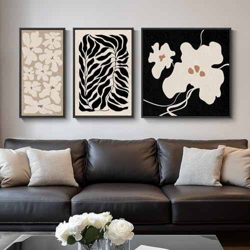 Framed Black and White Floral Wall Art for Living Room, Large Boho Neutral Flower Abstract 3 Piece Canvas Plant Pictures Posters & Prints, Bohemian Botanical Artwork for Walls Hallway Bedroom Office