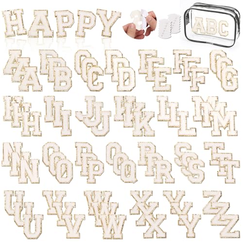 Chenille Letters Patches 78Pcs Self-Adhesive Letter Patches Sticker White Varsity Applique Fabric Embroidered Patches Stick on Backpacks, Hats, Bags, Clothing Alphabet Patches for DIY Repairing Craft