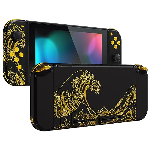 eXtremeRate DIY Replacement Shell Buttons for Nintendo Switch, Back Plate for Switch Console, Housing with Full Set Buttons for Joycon Handheld Controller - The Great Golden Wave Off Kanagawa - Black