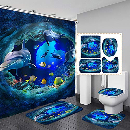 Fashion_Man 4PCS Sea World Dolphin Shower Curtain Set Bathroom Shower Curtain Non-Slip Bath Mat Toilet Lid Cover Polyester Waterproof Bath Curtain and Rug Set, with 12 Hooks, 72"x72", Dolphin (4pcs)