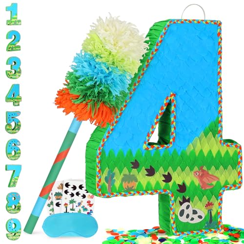 Number 4 Pinata for Birthday Party Decorations, Jungle Dinosaur Piñata Games Toy (4th)