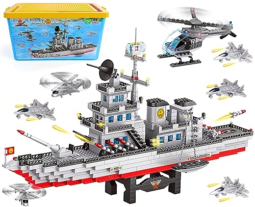 Battleship Building Block Sets with Storage Box,1163pcs, Warship Cruisers Building Blocks Toy,Military Battleship Toys with Aircrafts, Baseplate Lid Included, Gift for Boys Girls 6-12