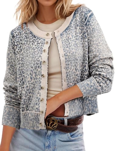 Ziesexy Leopard Cardigan Open Front Button Up Sweaters for Women Long Sleeve Shrug Cheetah Print Top Cropped Cardigan Jackets