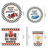 Racing Car Party Supplies Decorations, Checked Race Car Theme Birthday Paper Plates and Napkins Set with Cups and Straws for 24 Guests, 120 Pcs Disposable Party Dessert Dinnerwares