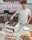 XHJ Indoor BBQ Kabob Skewers Grill,Smokeless Auto 360° Rotating Electric Barbecue Skewers Rotisserie,3 In 1 Indoor Electric Tabletop Grill with Removable Grill Pan,Grill Grate & Lid,Dual Zone Cooking