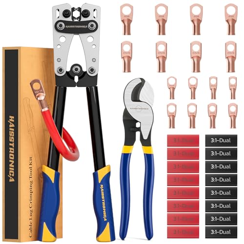 haisstronica Automotive Battery Cable Lug Crimping Tool Kit for 8, 6, 4, 2, 1, 1/0 AWG Battery Terminals Heavy Duty Battery Cable Ends Crimper with Cable Cutters,32PCS Copper Lugs,Heat Shrink Tubing