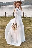 SUFUTOP Simple V Neck Chiffon Beach Wedding Dress for Bride Long Sleeve White Lace High Slit Boho Bridal Dresses for Wedding 06