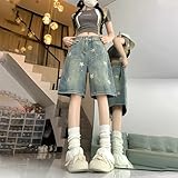 RILGOU Y2K Gothic Aesthetic Vintage Casual High Rise Wide Leg Loose Distressed Cute Star Print Jean Bermuda Shorts M Blue