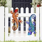 HONGLAND Metal Gecko Wall Art- 15 Inch Lizard Outdoor Decor Hanging Glass Sculpture, 2 Pack Gecko Wall Art Decorations for Garden Fence Home