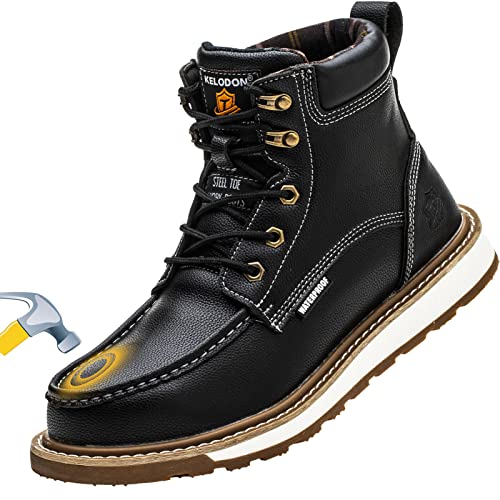 KELODON Waterproof Steel Toe Boots For Men-6" Leather Moc Toe Work Boots Mens Steel Toe Shoes Indestructible Non Slip Resistant Construction Safety Boot,Black,size 10.5 Men