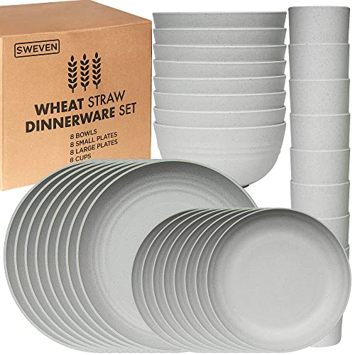 Wheat Straw Dinnerware Sets | Unbreakable Dinnerware Sets | Dishwasher Microwave Safe Dinnerware | Eco Friendly Non Breakable Dinnerware Sets | RV Outdoor Camping (Grey, Service for 8 (32 pcs))