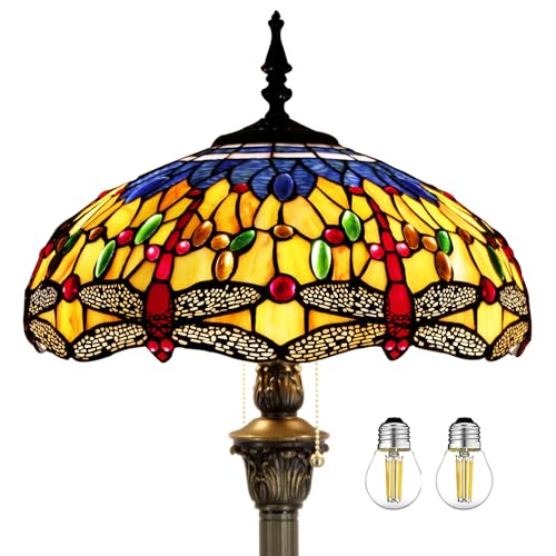 WERFACTORY Tiffany Floor Lamp Blue Yellow Dragonfly Stained Glass Standing Reading Light 16X16X64 Inches Antique Pole Corner Lamp Decor Bedroom Living Room Home Office S168 Series