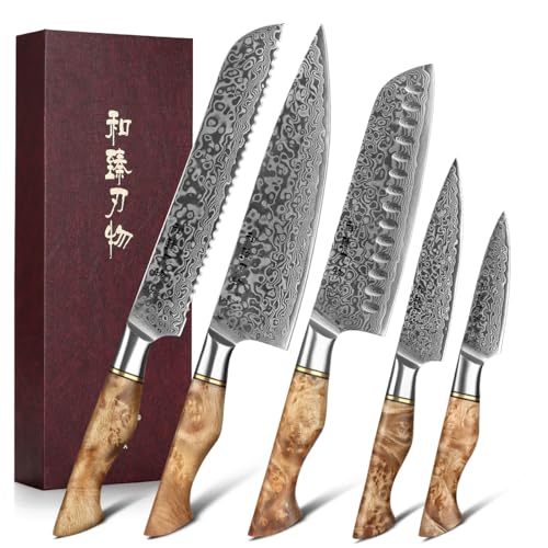 HEZHEN Damascus Kitchen Knives Set, Damascus Steel Japanese Style Chef Knife Utility Knife Santoku Knife,Figured Sycamore Wood Handle