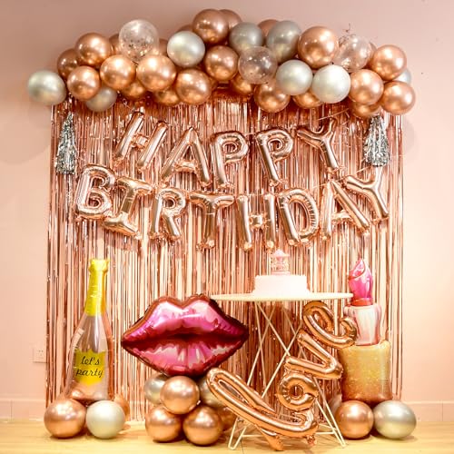 Rose Gold birthday decorations for women ，happy birthday party decorations for girls，Rose Gold Fringe Curtain，happy birthday banner，happy birthday balloon，happy birthday balloon letters