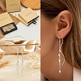 NECOCY Dangle Silver Earrings for Women Long Hanging Dangling Dangly 925 Sterling Silver Chain Earrings Trendy Drop Wedding Piercing Threader Earring Accessories Non Tarnish Zirconia Jewelry for Women