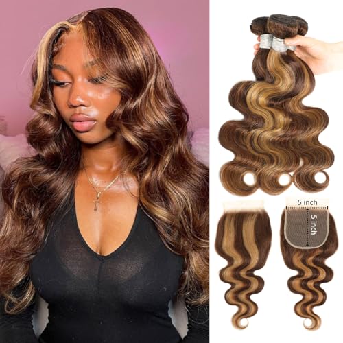 AUROO Honey Blonde Highlight Body Wave 3 Bundles with 5x5 Closure Human Hair 16 18 20+14, 12A 100% Brazilian Ombre Brown 5x5 HD Lace Closure with P4/27 Balayage Piano Colored Human Hair Bundles Remy