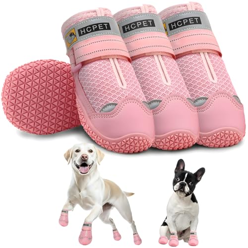 Hcpet Dog Shoes for Large Dogs, Breathable Dog Booties for Small Medium Dogs, Anti-Slip Dog Boots & Paw Protectors for Hot Pavement Winter Snow Hiking with Reflective Straps Pink Size 6