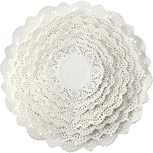 Boao Paper Lace Doilies 160 Pieces Disposable Round Macaron color Food Lace Table Doilies for Cake Wedding Tableware Decoration, 8 Assorted Sizes, 12 10.5 9.5 8.5 7.5 6.5 5.5 4.5 Inch(White)