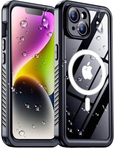 Temdan Compatible with iPhone 14 Case Waterproof, Built-in Screen & Camera Protector IP68 Underwater Full Body 14FT Military Dropproof Shockproof Phone Case 6.1"-Black/Clear-Mag