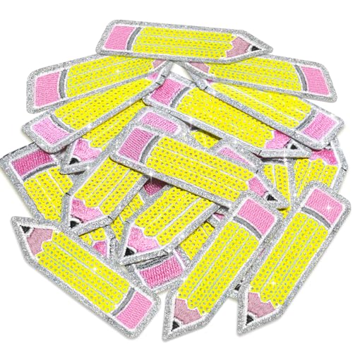 Lyrow 15 Pcs Pencil Iron on Clothes Patch with Sequin School Teacher Embroidered Iron on Patches for Teacher Student Jean Jacket Backpack Gift for Term Begins