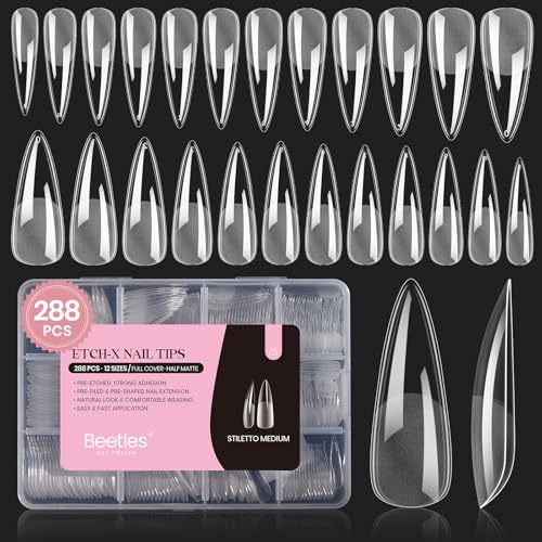 Beetles Stiletto Medium Nail Tips, 288 Pcs Pre-Shaped Etch X Nail Tips Fake Nails Soft Gel Nail Extension Acrylic Tips, Soak Off LED Nail DIY Salon at Home Gifts for Women