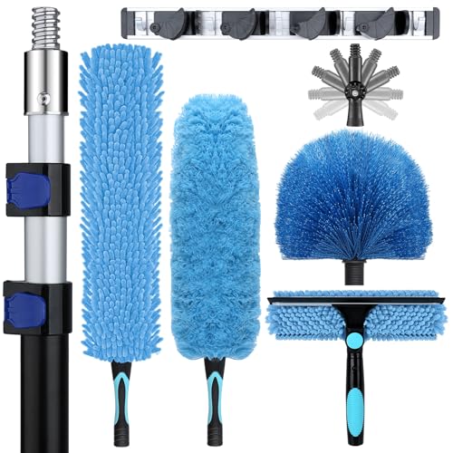 20ft High Ceiling Duster Kits with 5-12ft Heavy Duty Extension Pole - Fan Blade Cleaner, Cobweb Remover & Blue Window Squeegee Kit, Washable Dust Brush for High Roof and Glass Surfaces