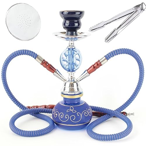 VOVCIG Hookah Set Double Hose Hookah Shisha Set Glass Hookah Complete Set With Ceramic Bowl and Mouthpiece Tongs (Blue)