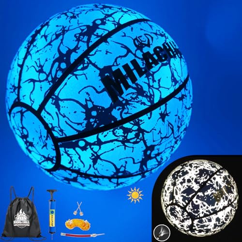 MILACHIC Basketball, Blue Glow in The Dark Holographic Basketball, Official Size 7 Indoor Outdoor Luminous Glowing Leather Basketballs 29.5" Blue - with Pump