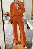 Fixmatti Women 2 Pieces Knit Outfits V Neck Sweater and Knitted Pants Sets Wide Leg Sweatsuits Orange L