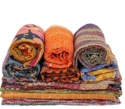 Craftintegration Vintage Handmade Kantha Quilts Tribal Kantha Cotton Bed Cover Throw Assorted Patches Made Rally Reversible Bedspread Throw Old Sari Assorted Patches Indian Blanket 10 PCS Lot
