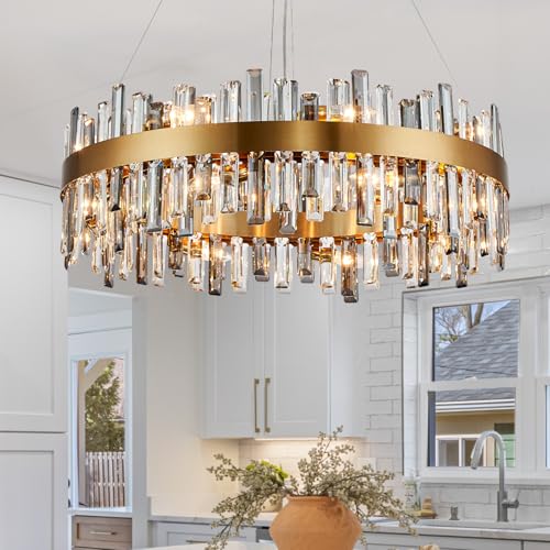 Siljoy Modern Crystal Chandelier 16 Lights Luxury Gold Round 2 Tiers Raindrop Chandelier Dimmable Flush Mount Crystal Ceiling Light for Dining Room Living Room Entryway Foyer D31.5''