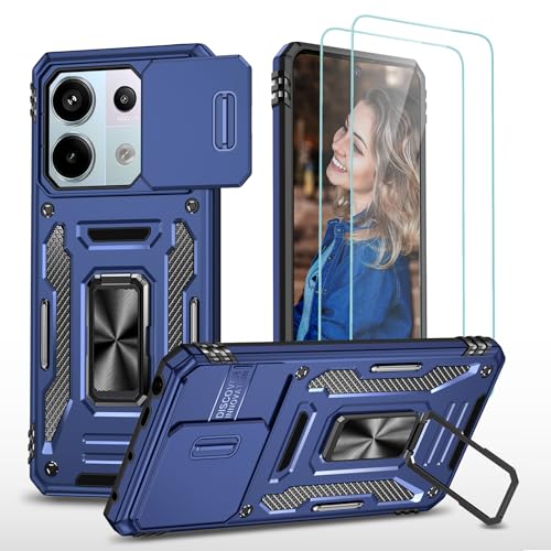 for Xiaomi Redmi Note 13 Pro 5G Case with [2 Pack] Tempered Glass Screen Protector, Sliding Camera Cover and Ring Kickstand Heavy Duty Shockproof Rugged Phone Case for Redmi Note 13 Pro 5G, Blue
