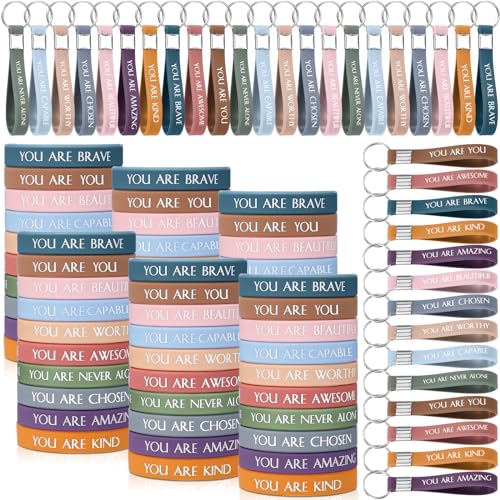 Sratte 120 Pcs Motivational Wristbands Gifts Inspirational Keychains Appreciation Gift for Back to School Teacher Student(Multi Colors)