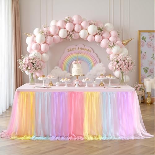Rainbow Tulle Tablecloth for 6 Foot Rectangular Table, 6ft Rainbow Rectangle Table Cloth, Wrinkle Free Tablecover with Tutu Skirt for Wedding Birthday Party Baby Shower Girls Banquet Buffet Cake Event