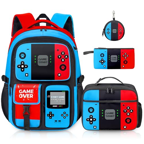 TOWIHUN Gamer Backpack for Boys, 4pcs Gaming Boys Backpack with Lunch Box and Pencil Case for Kids, Video Gamer School Bags