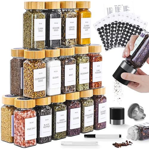 Miuyhji Spice Jars, 24 Pcs 4oz Seasoning Jars with Label, Glass Jars with Bamboo Lids, Spice Containers Bottles with Pepper Grinder & Stainless Steel Funnel for Seasoning Organizer, Cabinet, Drawer