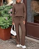 dowerme Women 2 Piece Sweater Sets High Neck Long Sleeve Sweater Top Drawstring Wide Leg Pant Chunky Knit Lounge Set(Brown,X-Small)