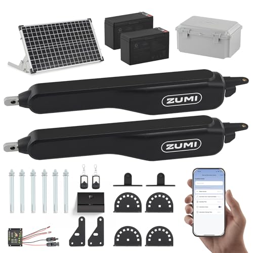 ZUMI Automatic Solar Gate Opener for Dual Swing Gates, App Control Swing Gate Opener for Gates up to 900lb 20ft, Electric Gate Opener with Remotes, Smart Gate Opening System for Home Driveway Garden