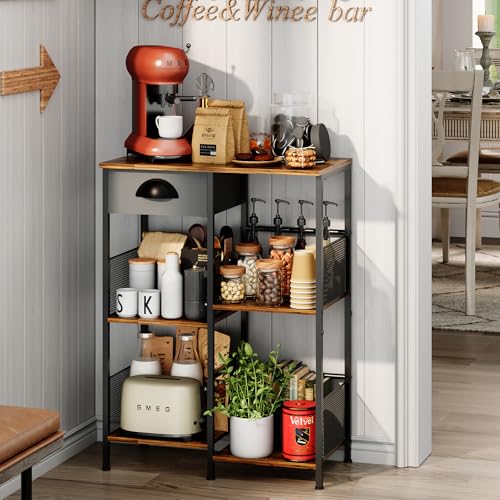 X-cosrack Farmhouse Small Coffee Bar Stand with Drawer 5-Layer Staggered Corner Coffee Station Rustic Wood Coffee Bar Babinet for Kitchen, Living Room, Coffee Oranization (Black & Brown)