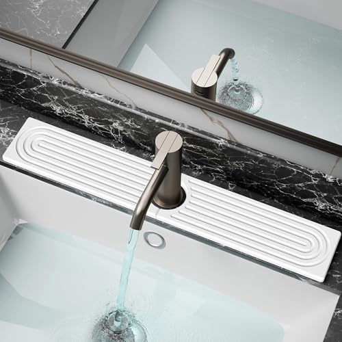 DK177 Faucet Mat for Kitchen Sink - Water Absorbing Stone Tray for Sink, Diatomite Fast-Drying Faucet Mat, Faucet Splash Guard for Bathroom Counter (White, 23.6" x 4")