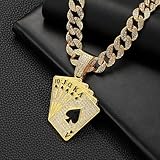 CAVIEA Poker CZ Playing Card Ace Pendant Cuban Chain Link Choker Necklace for Men Women Fake Diamond Iced out Bling Hip-hop 90s Rapper Costume Lucky Party Jewelry