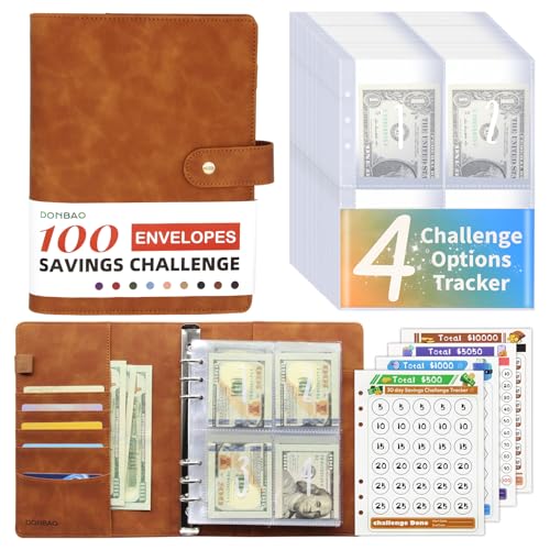 DONBAO 100 Envelopes Money Saving Challenge Binder, A5 Budget Binder with Envelopes and Challenge Tracker, 2024 New Savings Challenges Planner Book to Save $500, $1000, $5050, $10000 (Brown)