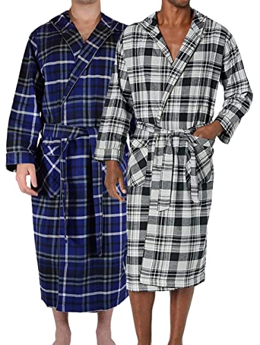 Andrew Scott Mens 2 Pack Long Sleep -Sauna Robe / 100% Cotton Flannel Brush Warm Bathrobe (2 Pack- Blue/Black Plaids, Small-Medium)