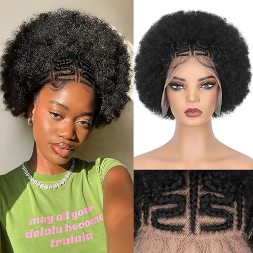 Lady Miranda Short Afro Wig Cornrow with Afro Puff Wig 13x4 Lace Front Braided Cornrow Afro Puff Wig Afro Kinky Curly Wigs Pre Made Cornrow Braided Wigs for Black Women