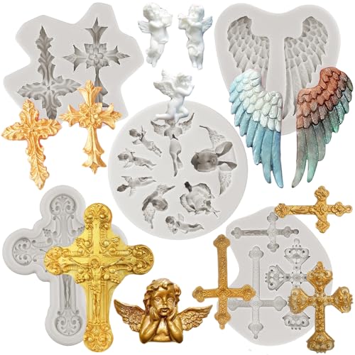 MINFEIDMS Angel Wings Fondant Molds Cross Silicone Molds For Baptism Cake Decorating Cupcake Topper Candy Chocolate Gum Paste Polymer Clay Set Of 5