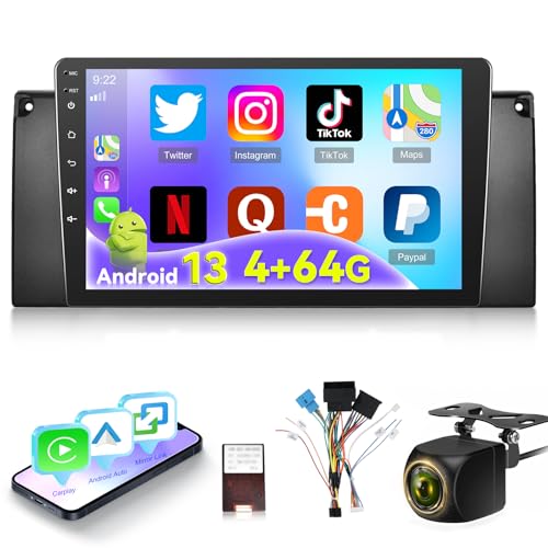 [4+64G] Android Car Radio for BMW 5 Series X5 E39 E53 M5 1996-2006 with Wireless Carplay and Android Auto - 9 Inch 1280 * 720 HD Touch Screen Car Stereo - 32EQ / WiFi/GPS/SWC + AHD Backup Camera