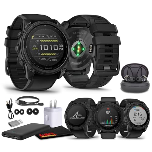 Garmin Tactix 8 51mm Solar Charged Display Elite Premium Tactical GPS Smartwatch, Includes Applied Ballistics Elite Solver, Built-in Flashlight, 48 Days Battery Life Bundle + Earbuds and More