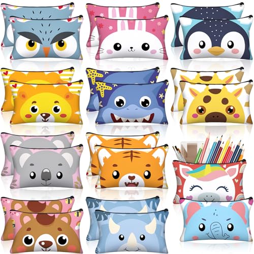 Hosuly 24 Pcs Bulk Cartoon Zipper Pencil Case Pouch Cute Cartoon Animal Pen Bag Multicolored Cat Bear Shark Bunny Canvas Pencil Pouch Organizer for Boy Girl Kids Stationary Storage School